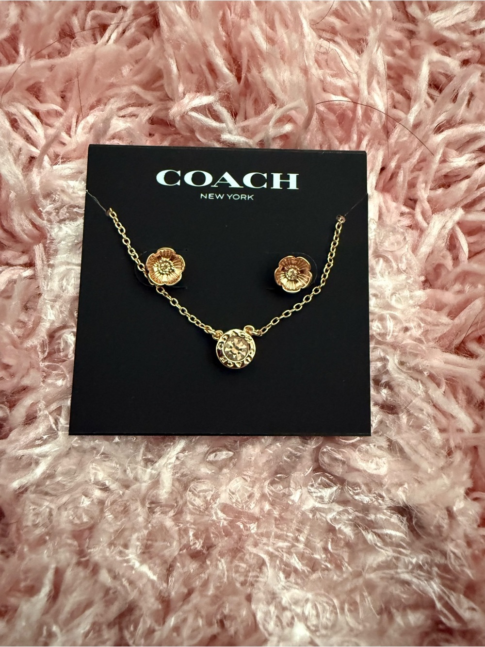COACH Gold Floral Pendant Necklace and Stud Earrings Set